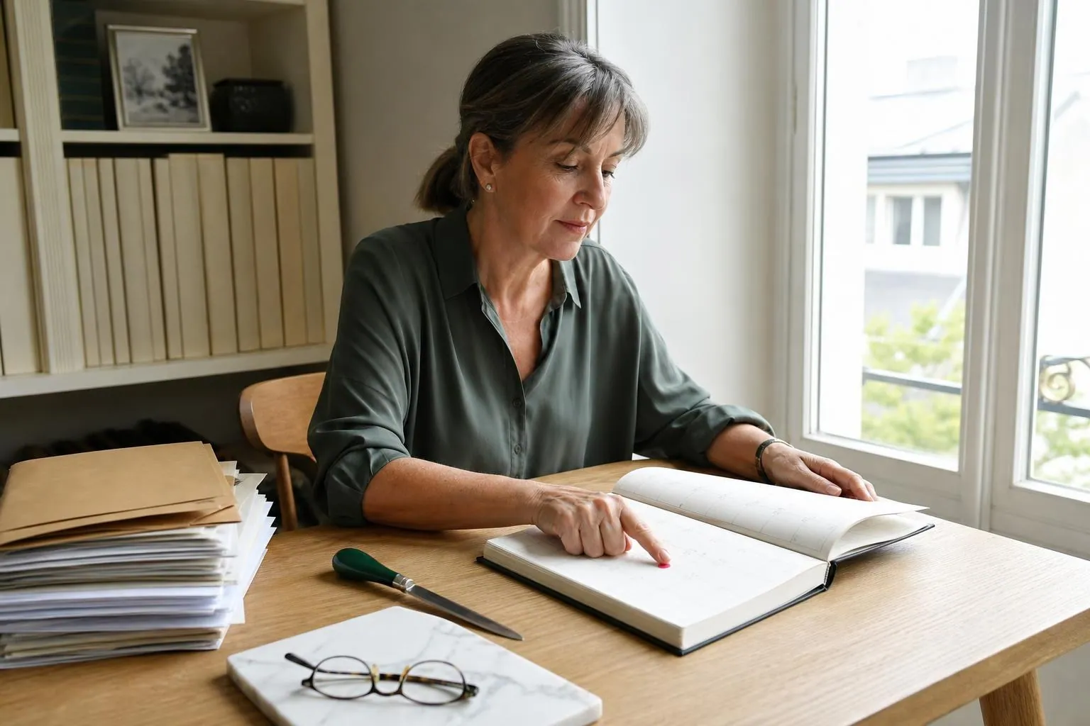Femme d’une cinquantaine d’années collant une pastille de couleur sur un agenda relié ouvert, à côté d’une pile de courriers ouverts