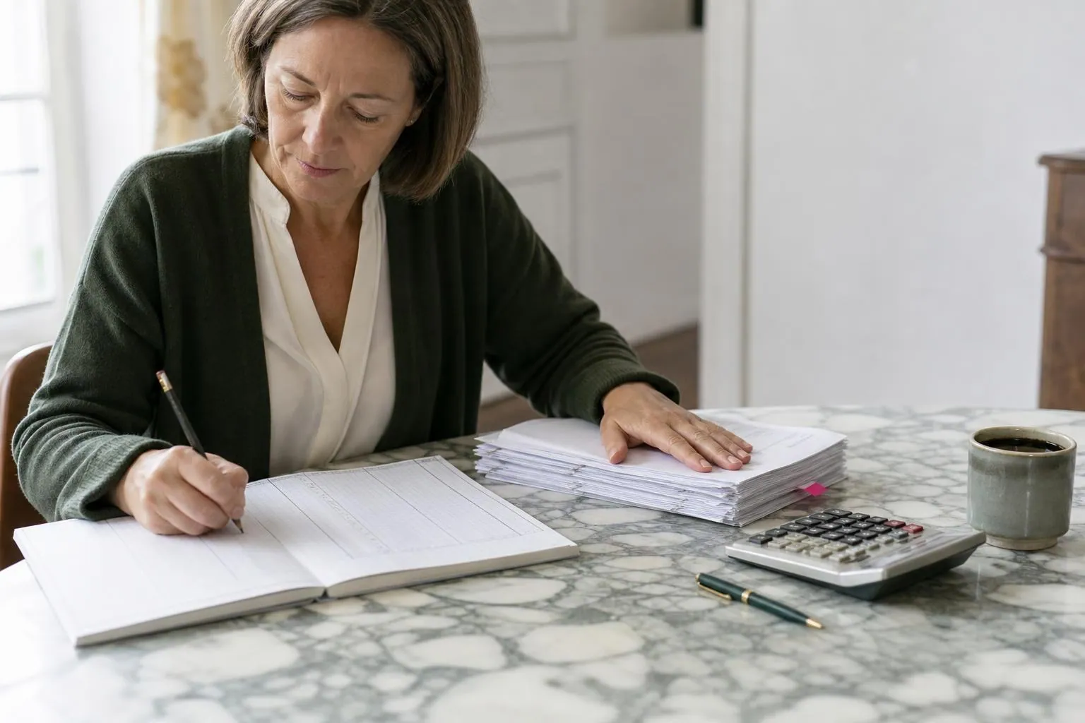 Femme d’une cinquantaine d’années remplissant à la main un carnet à colonnes posé près d’une calculatrice de bureau et d’une pile de justificatifs