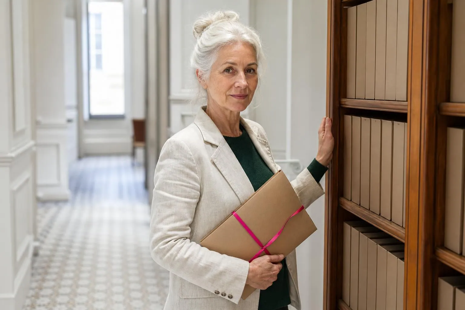 Femme d’environ soixante ans debout dans un couloir d’étude notariale devant une bibliothèque de dossiers cartonnés, une chemise à rabats sous le bras