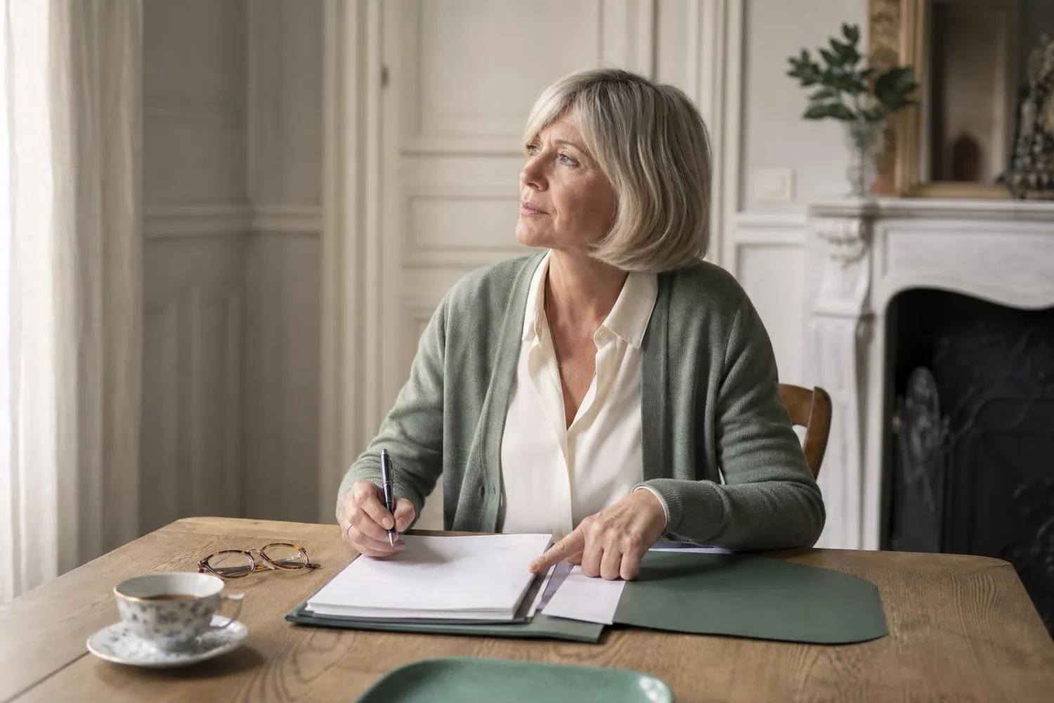 Femme d’une cinquantaine d’années assise à une table en bois clair, un classeur de documents familiaux ouvert devant elle, la main posée sur une page