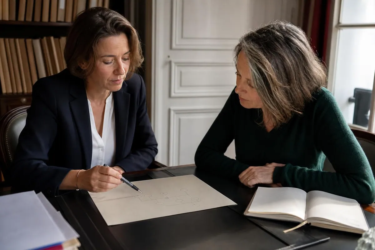 Deux femmes assises face à face à un bureau d’étude notariale, penchées sur une feuille où un schéma familial a été tracé à la main